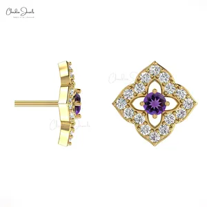 Floral Stud Earring 2mm Amethyst With Diamond Push Back Studs 14k Solid Gold February Birthstone Jewelry For Resellers