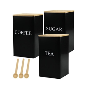 Lot de 3 bocaux de cuisine en métal avec couvercle en bois au design moderne avec cuillère Contenant à condiments pour le stockage de boîtes à café, sucre et thé - Product Image 1