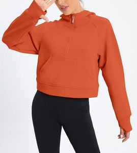 Sweats à capuche doublés en polaire à manches longues pour femmes hauts pullover d'entraînement d'hiver avec trou de pouce court sweat-shirt à demi-fermeture éclair - Product Image 4