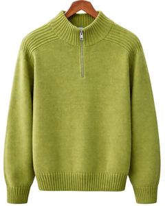 Suéter de Punto Personalizado para Hombre, Cuello Alto, Cierre de Cremallera de un Cuarto, Color Verde Claro, Tejido Liso, Cálido para Invierno, Informal, OEM Personalizado - Product Image 1