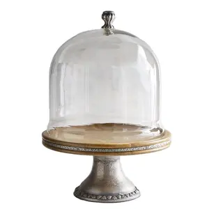 Sleek Acacia Wood <b>Cake</b> <b>Stand</b> with Nickel Black Metal Base and Glass <b>Cover</b> Ideal for Home, Restaurant, and Event Tables - Product Image 1