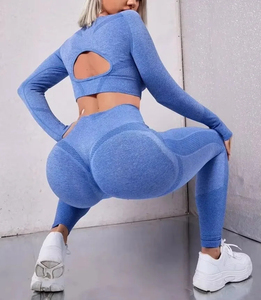 G ชุดโยคะผู้หญิงที่ให้ผลกระทบสูงเสื้อสายคล้องคอเอวด้านหน้าแต่งระบายด้านหลังเป็นรูปตัววีเลกกิ้งเนื้อแข็งระบายอากาศได้ดี - Product Image 3