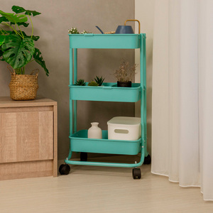 Home Storage 3-Tier Green Metal <b>Utility</b> Rolling Storage Cart with Basket - Product Image 1