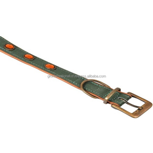Wholesale & Manufacturer High Quality Dark Green Leather Dog Collar <b>Tan</b> Lining Stitched 1 Row Glass Studs Decorative Dog Collar - Product Image 1