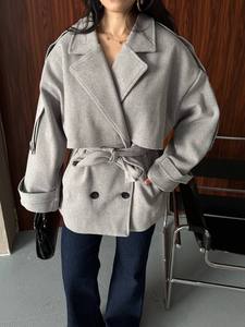 Manteau Trench Décontracté Gris Élégant à Double Boutonnage avec Ceinture, Manches Longues, Col Chemise, en Polyester/Coton, Coupe-Vent, Idéal pour l'Automne - Product Image 5