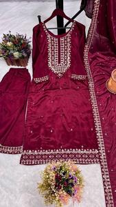 Séquence de soie de Chinon de conception moderne de luxe de haute qualité et haut de créateur brodé de fil avec pantalon et vêtements de mariage Dupatta - Product Image 5