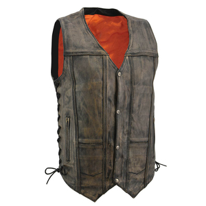 Men's <b>Vintage</b> Genuine Leather Vest V-Neck Biker <b>Waistcoat</b> with Side Laces - Product Image 3