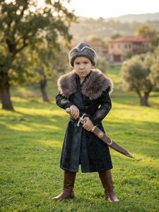 Traje Tradicional Otomano Ertugrul Gazi para Niños con Cuello de Piel - Azul Oscuro, Traje Turco para Circuncisión, Caftán Real, Boda - Product Image 4