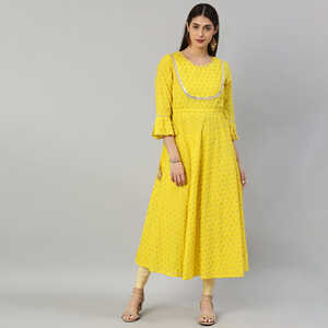 Anarkali Kurta en coton cambric imprimé Butti doré, Shalwar Kameez lourd cousu, Lehenga jaune pour soirée, style indien - Product Image 5