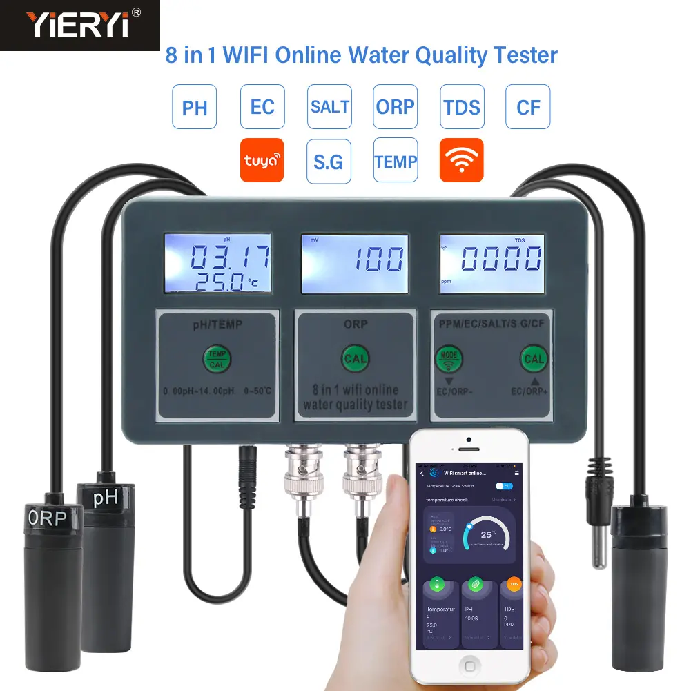 Tuya Wifi çevrimiçi su kalitesi dedektörü 8 IN1 PH/ORP/EC/TDS/tuz/S.G/CF/temper çok PH ölçer veri kaydedici fonksiyonu