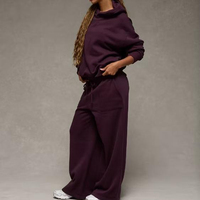 Ensemble survêtement décontracté personnalisé à jambes larges, deux pièces, pull-over, streetwear, survêtement pour femmes, couleur unie, manches longues, sweat-shirts amples et luxueux