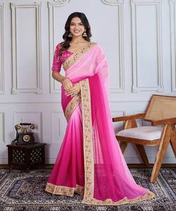 CRÉATEUR GEORGETTE BRODERIE DENTELLE DE TRAVAIL SAREE AVEC BLOUSE NON COUCHÉE VÊTEMENT DE FÊTE PRIX DE GROS VÊTEMENT ETHNIQUE ROSE - Product Image 1
