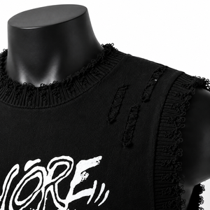 Camiseta sin mangas de punto negra para hombre con estampado gráfico blanco, cuello redondo y ribete de encaje estilo urbano - Product Image 6