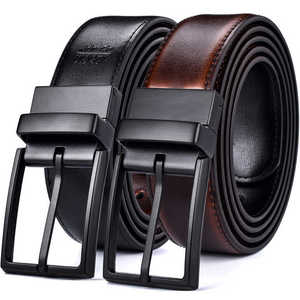 Ceinture décontractée en cuir de vache véritable pour hommes 3.2CM réversible en cognac et noir avec cuivre rotatif pour boucle - Product Image 1