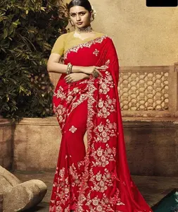 Pakaian Etnis India Georgette Berat dengan Desain Bordir Saree Kerja dengan Blus Sutra Matty untuk Fungsi Pernikahan Pakaian Wanita