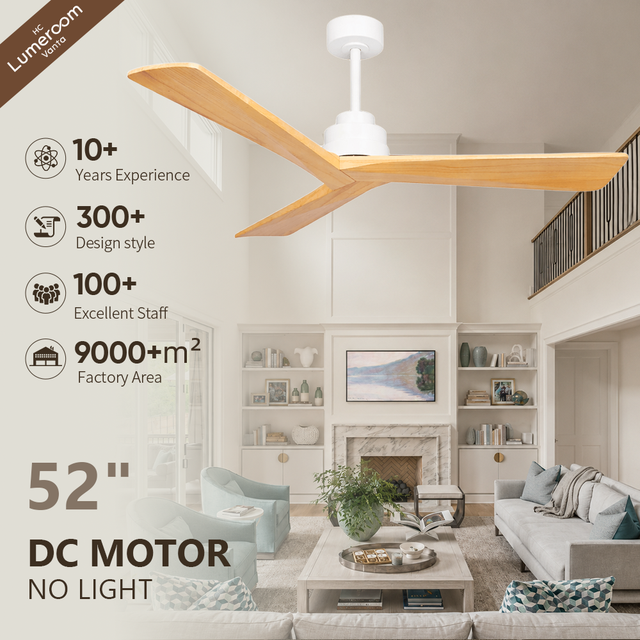 52 Inch Modern Solid Wood Ceiling Fan DC Motor Remote Control No Light Quiet Reversible Ceiling Fan for Living Room Hotel