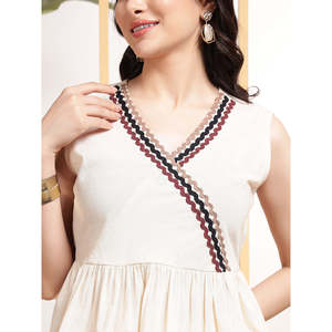 Deebaco Women's Off-<b>White</b> Cotton <b>2</b>-<b>Piece</b> Co-Ord <b>Set</b> With Embroidery V-Neck Top And Ankle Length Trouser Casual Wear Outfit - Product Image 2