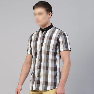 Grey Check Band Collar Ecológico Diseño único Venta caliente con logotipo propio Impreso Top Seller Casual Camisas de manga corta - Product Image 5