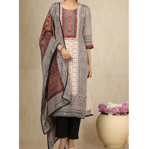 Vêtements indiens et pakistanais gracieux Beige noir rouge imprimé viscose soie femmes Kurta robe avec Dupatta et pantalon coupe régulière - Product Image 1