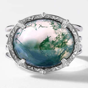 Élégant Noble Tempérament 925 Argent Sterling Et Or Ovale Coupe Vert Mousse Bague Agate Style Européen Et Américain Pour Les Femmes - Product Image 2