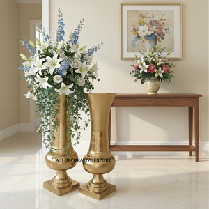 Jarrón de Flores de Metal con Acabado Dorado de Latón de Lujo para Decoración del Hogar, Bodas/Hotel, Jarrón Trompeta sobre Base Cuadrada, Jarrón Urna Sólido - Product Image 2