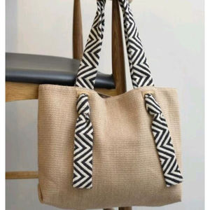 Chevron Strap Burlap Tote Bag With Natural Jute Body And Patterned Woven Straps In Black Designed For Everyday Carry Use - Product Image 1