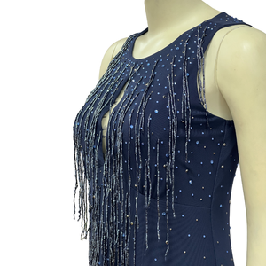 Haute qualité 100% Polyester sans manches perlé robe de soirée trou de serrure décolleté Style avec décontracté tissé bleu marine couleur - Product Image 5