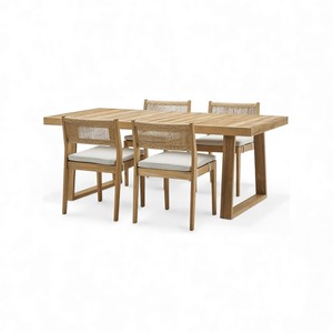 Ensemble de table à manger de jardin en teck certifié SVLK, 4 pièces, chaises de salle à manger en corde tressée, coussins amovibles, mobilier d'extérieur de qualité export - Product Image 1