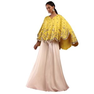 Amarillo limón alto bajo capa y blanco Palazzo traje con lentejuelas y Zardosi venta al por mayor mujeres Ropa Étnica OEM Proveedor de Ropa - Product Image 2