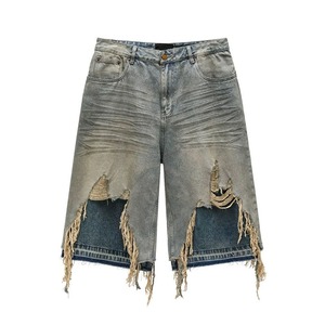 Short en jean Vintage de haute qualité pour garçons en détresse 2-en-1 Jorts broderie Streetwear Look lumière sérigraphie sale - Product Image 1