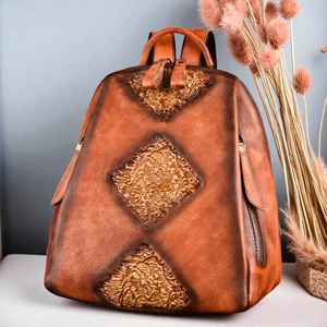 Hand Tooled 100% Genuine Leather External Frame Backpack Western Florals Carving <b>Waterproof</b> Anti-Theft Travel Luxury Rucksack - Product Image 1