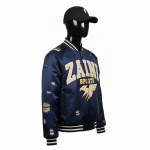 Chaqueta Bomber Satinada de Alta Calidad, 240 GSM, Azul Marino, Logotipo Personalizado Bordado, Parche de Chenilla, Cuello Acanalado, Chaqueta Satinada para Hombre - Product Image 5