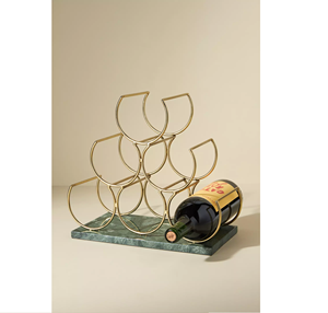 Elegante Botellero de Vino de Hierro Dorado de Diseño, Organizador de Botellas de Vino Horizontal Escultural, Soporte de Mármol - Product Image 1