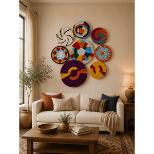 Juego de Cestas de Pared de Bambú Bohemio Multicolor Sabai, Decoración de Pared de Ratán Tejido a Mano, 7 Piezas - Product Image 1