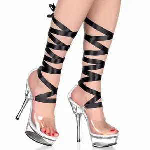 सेक्सी प्लेटफार्म रिबन लेग बैंडेज सैंडल जूते पारदर्शी क्रिस्टल हाई हील्स पीप टो लेस-अप महिला ग्रीष्मकालीन जूते फेम हील्स