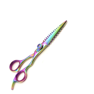 Tijeras de peluquero con acabado de plasma multicolor con hoja estilo hueso de pescado y mango de diseño ergonómico elegante profesional - Product Image 6