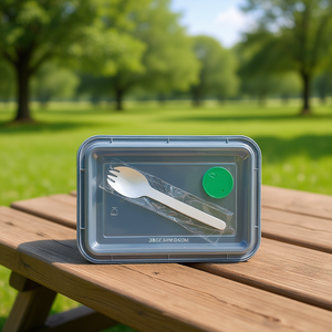 Contenitore per Pranzo Rettangolare Usa e Getta da 38oz con Coperchio Ventilato e Forchetta-Cucchiaio in Materiale PP - Product Image 3