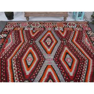 Alfombra Turca Vintage Grande de 6.4x10.7 pies, Alfombra de Lana a Rayas Roja y Naranja - Product Image 3