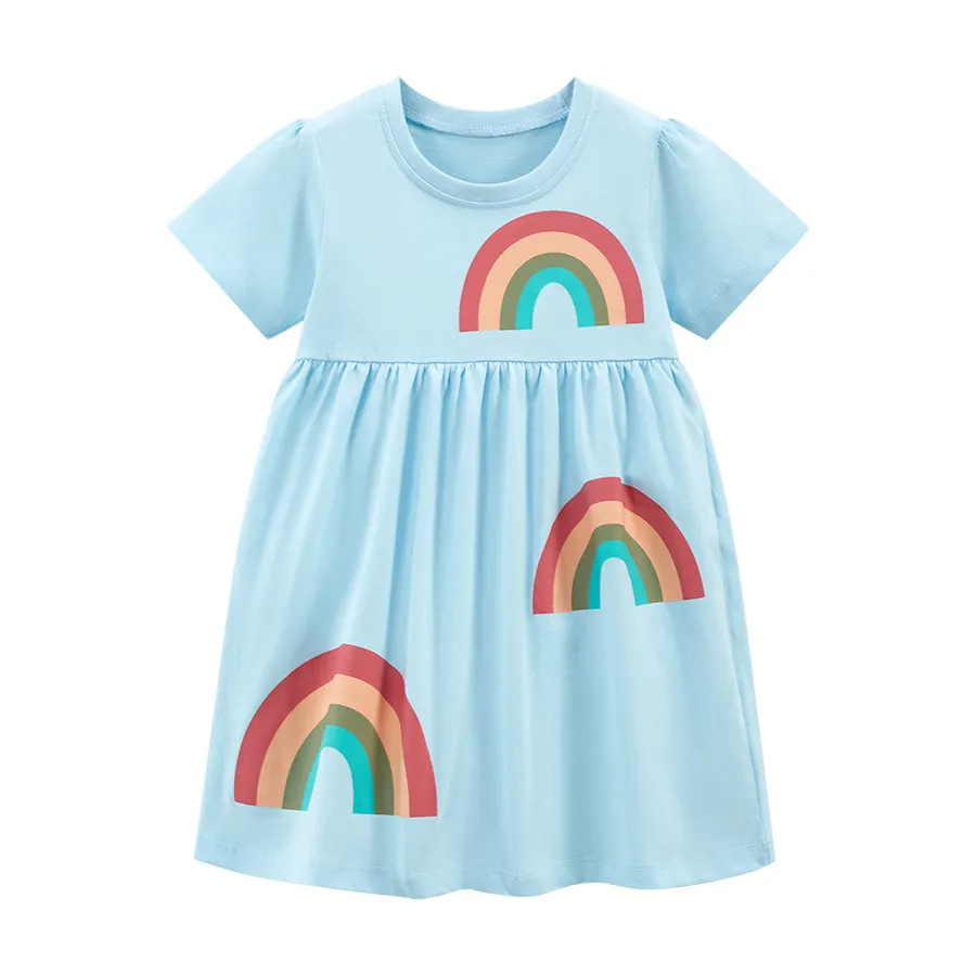 2024 Newest Summer 100% Cotton Cartoon Rainbow Dress For Toddler Girls Printed Kids Cute Blue Dress