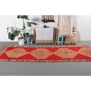 Turkish Vintage Rug, 3.1x10.8 ft Herki Rug, <b>Red</b> Plants & trees <b>Wool</b> Rug - Product Image 3