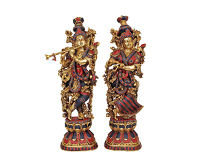 28.5 pouces fait à la main grande sculpture hindoue en laiton Figurine moderne Radha Krishna Statue idole incrustation travail pour mariages anniversaires - Product Image 1