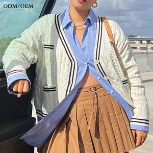 OEM Spring <b>Women</b> <b>Beige</b> V-neck Custom Logo Embroidery Cardigan Casual Loose Sweater Fashion Knitted <b>Jacket</b> Streetwear - Product Image 4