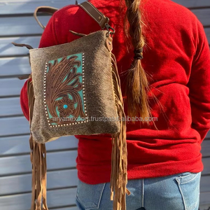 Nuevo bolso cruzado con flecos de cuero con pelo Real en la mano, bolso de mano de piedra turquesa bohemio occidental, bolso de mano de cuero genuino para mujer - Product Image 3