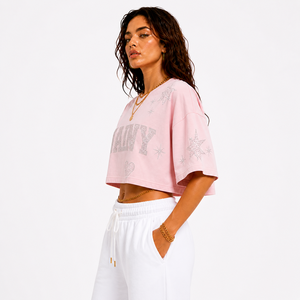 Women Oversized Cropped T Shirt With <b>Rhinestone</b> Embroidery Loose Fit Cotton Streetwear Crop <b>Top</b> Custom Bulk Supplier - Product Image 3