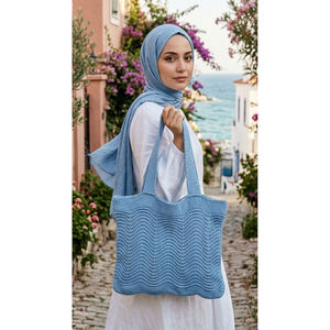 Bolso de Verano Tejido con Patrón de Ondas Azul Bebé, Ligero, Resistente al Agua, con Forro de PVC de Gran Capacidad para Uso Diario, Temporada de Otoño - Product Image 1