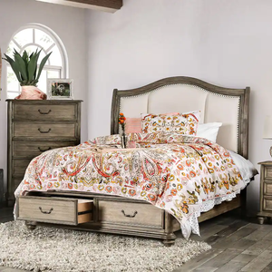 Juego de cama king size de madera maciza de teca, mesitas de noche talladas a mano, cama de almacenamiento gris rústica, cabecero cómodo tradicional tapizado - Product Image 1