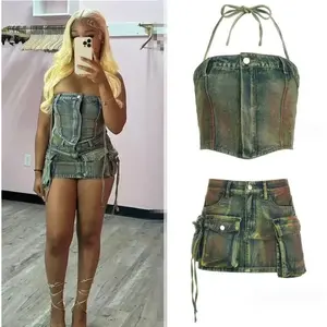 Ensemble 2 pièces tendance vintage en jean, crop top et jupe, décontracté, sexy, mignon, sans bretelles, avec strass, imprimé délavé, coupe skinny, style Y2K pour l'été - Product Image 3