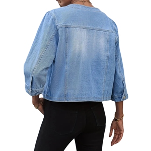 Femmes grande taille élégant col rond manches 3/4 Denim veste motif lavé pour toutes les saisons décontracté Jean vêtements d'extérieur - Product Image 6