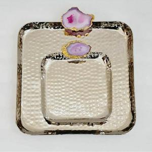 Bandeja de Acero Inoxidable Martillada Brillante con Asa de Ágata, Moderna Bandeja Decorativa para Servir Alimentos, Juego de Bandejas para Suministros de Hoteles y Restaurantes - Product Image 5