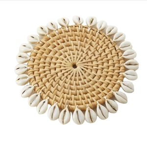 Vietnamien tissé à la main Boho tenture murale rotin décor plateau panier taille personnalisée plaque napperon avec cauris - Product Image 4